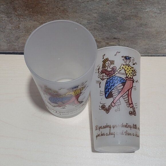 Vintage Square Dance Highball Federal Frosted Glass Tumblers Set of 2 - Picture 7 of 9